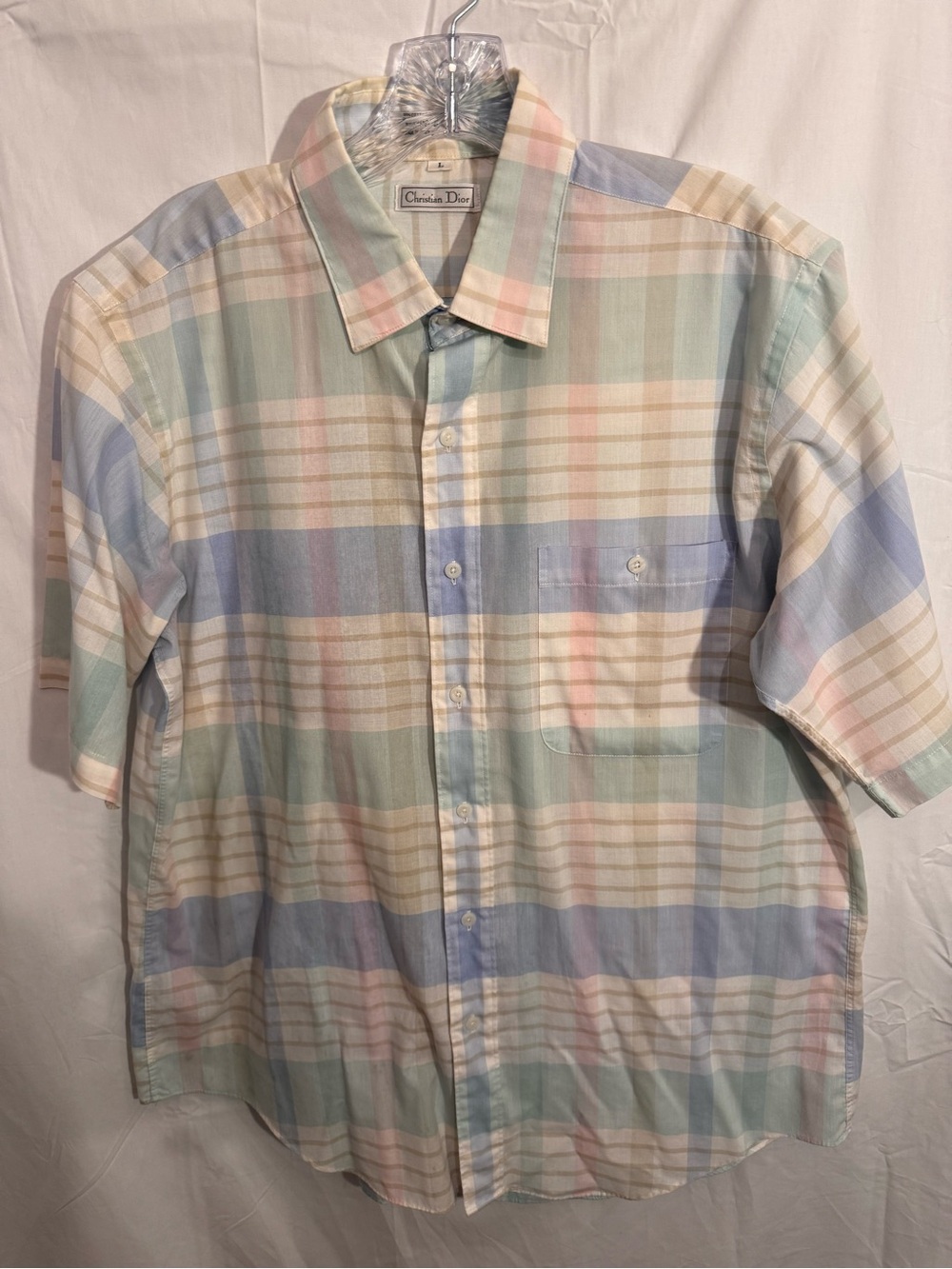 Vintage Christian Dior Pastel Plaid Short Sleeve Shirt Men’s Large